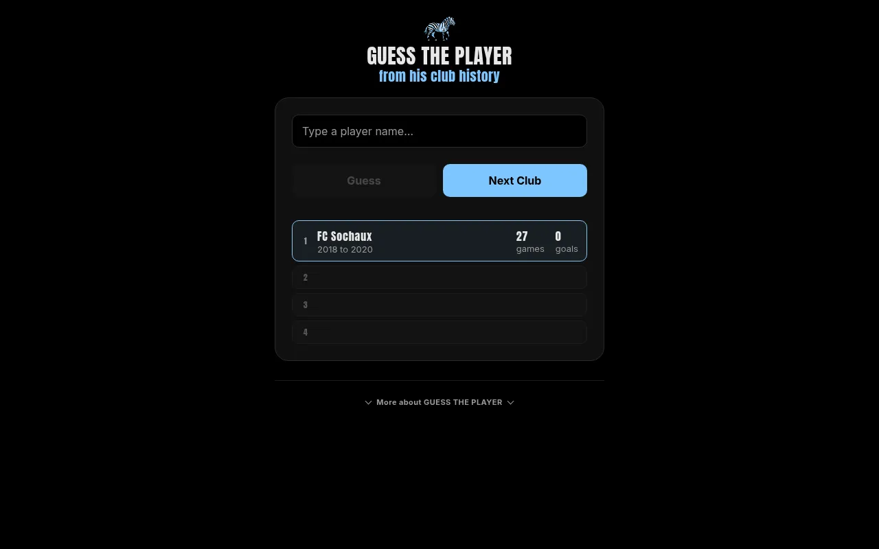 Guess the Player on Quizebra: the first club of the day's career, FC Sochaux 2018 to 2020 with 27 games and 0 goals, above three hidden clubs and the Guess and Next Club buttons