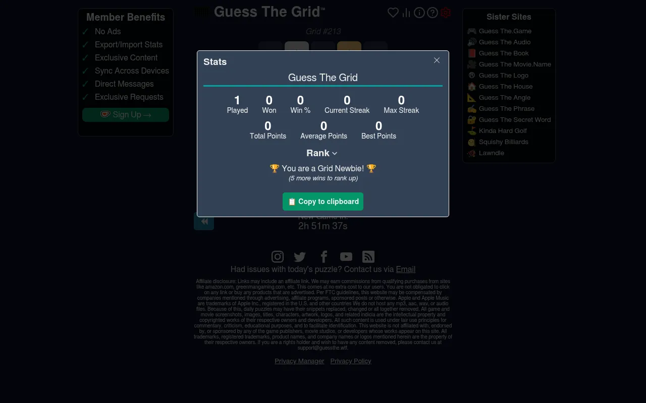 Guess The Grid's stats box: played, won, win percentage, current and max streak, points, a rank and a copy to clipboard button