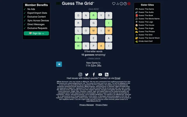 Guess The Grid #200: a 5 by 5 waffle of scrambled letter tiles, some green or yellow, with 6 five-letter words and 15 guesses remaining and a countdown to the next game