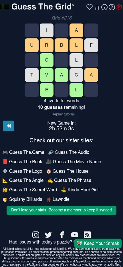 Guess The Grid #213 at phone size: the letter-swap grid with 4 five-letter words and 10 guesses left, above links to its sister sites