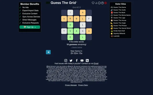 Guess The Grid #213 on a desktop: a 5 by 5 waffle of letter tiles in green, orange and grey, with 4 five-letter words, 10 guesses remaining and a countdown to the next game