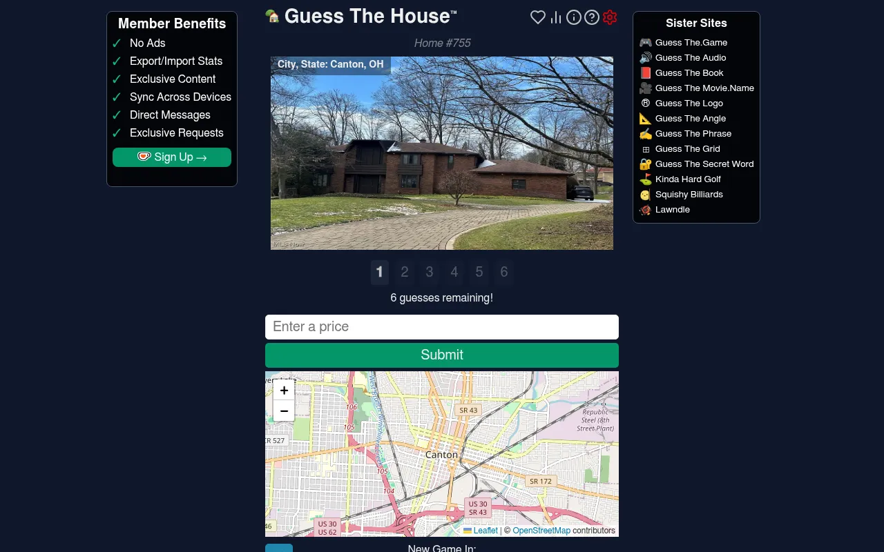 Guess The House, Home #755 in Canton, OH: the first photo of a brick house, six photo tabs, 6 guesses remaining, a price box and a map of Canton