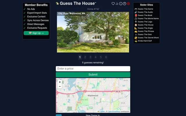Guess The House, Home #742 in Maplewood, MN: a photo of the house, six photo tabs, 6 guesses remaining, a price box and a map of the area