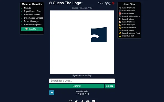 Guess The Logo #749: a small navy fragment of a logo on a white square, with 5 guesses remaining, a search box and a countdown to the next game