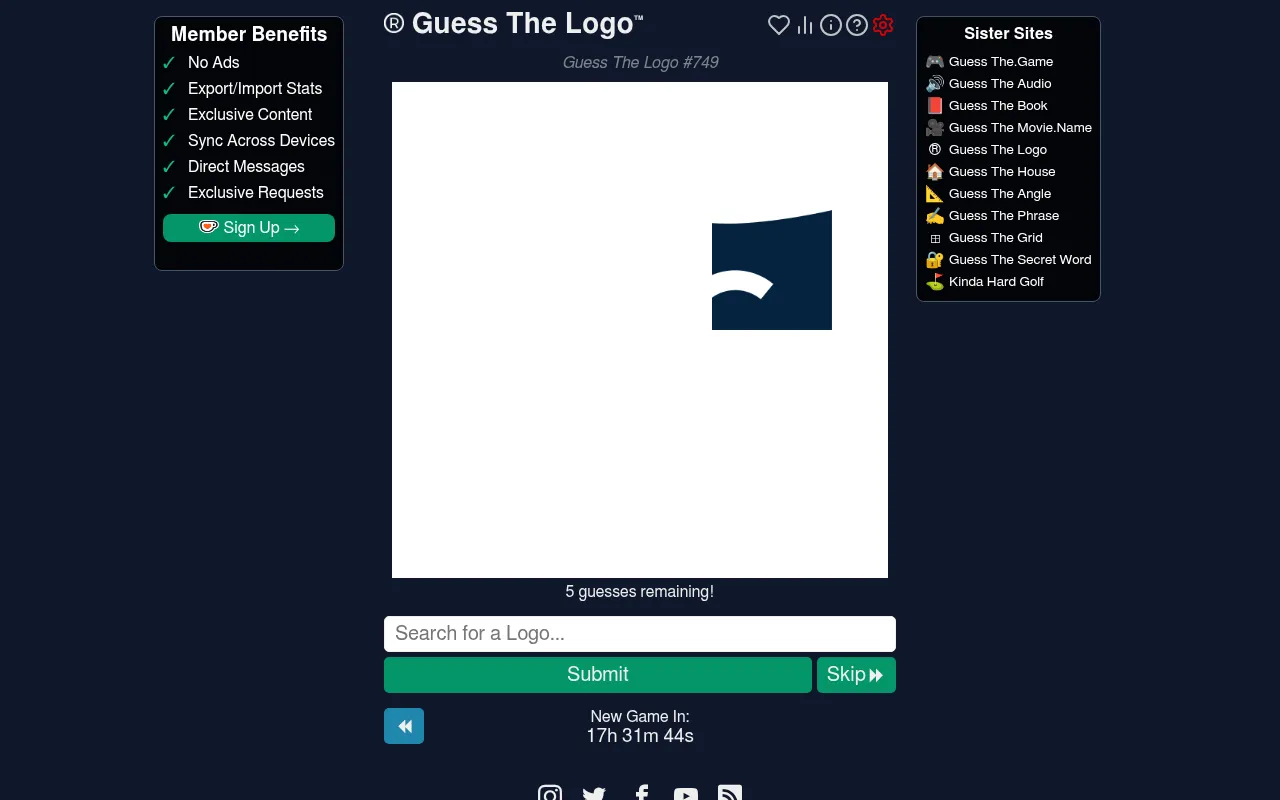 Guess The Logo #749: a small navy fragment of a logo on a white square, with 5 guesses remaining, a search box and a countdown to the next game