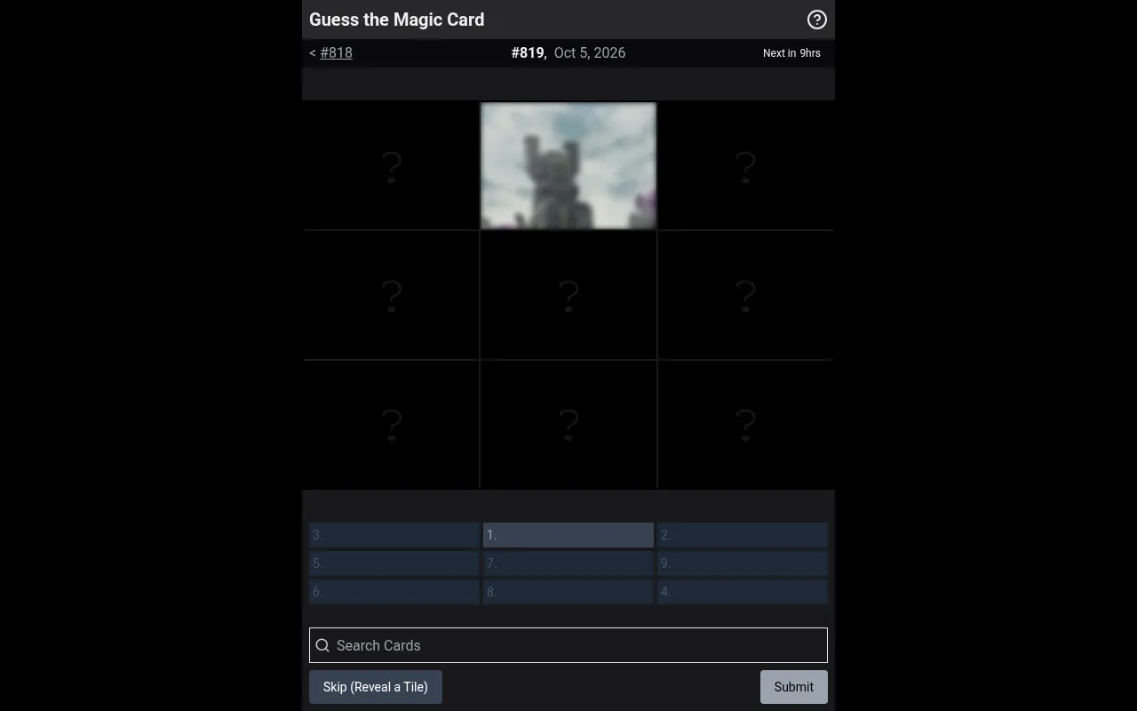 Guess the Magic Card #819 for Oct 5, 2026: a three by three grid with one blurred art tile open, the guess slots below and a card search box with Skip and Submit