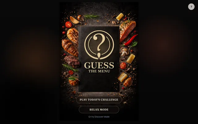 Guess the Menu start screen: a black menu book with a question mark and the title among plates of food, with Play Today's Challenge and Relax Mode buttons