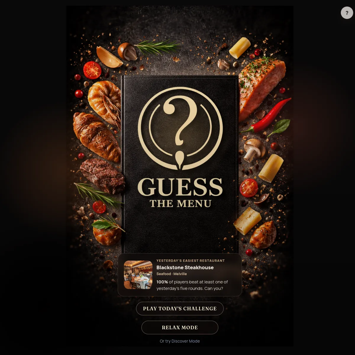 Guess the Menu start screen: a menu book with a question mark among foods, yesterday's easiest restaurant and the Play Today's Challenge button