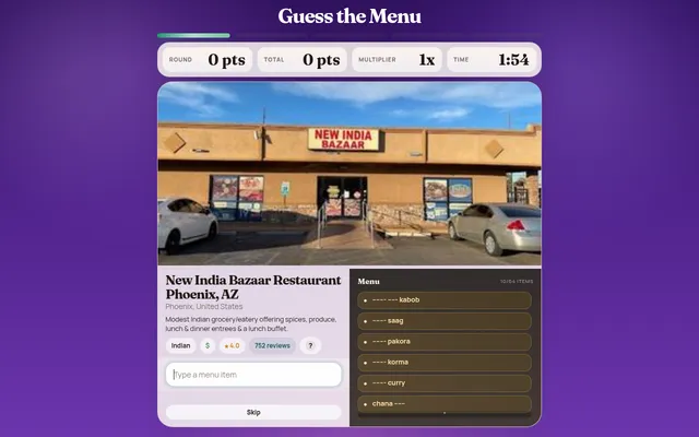 Guess the Menu daily round on desktop: New India Bazaar Restaurant in Phoenix, a photo of the shopfront, a box to type menu items and the hidden menu list beside it, with score, multiplier and timer
