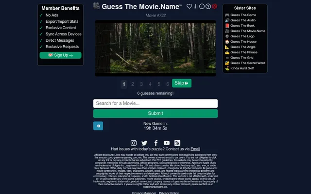 Guess The Movie.Name #732: the first still, a pine forest with a path between the trunks, six numbered guess slots with a Skip button, and the movie search box with Submit