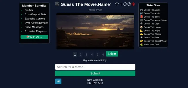 Guess The Movie #730: the first screenshot, a desert canyon at sunset with a dust trail, six numbered guess slots with a Skip button and the movie search box
