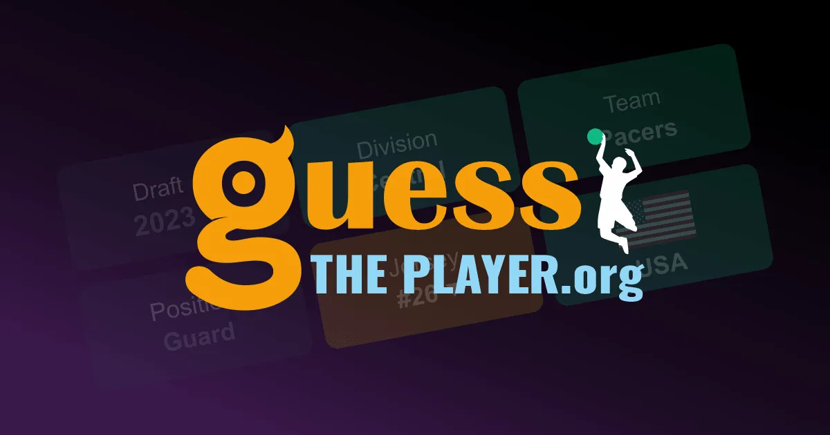The Guess The Player logo for the NBA guessing game, with a jumping basketball player over faded clue tiles