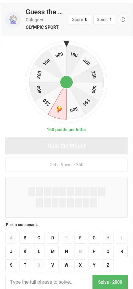 Guess The Phrase at phone size: the wheel above the blank phrase tiles, the consonant keyboard and the Solve box