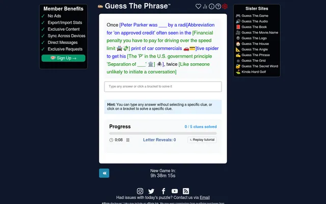 Guess The Phrase #481 in play: the day's phrase written as nested bracketed clues in blue and green (a Peter Parker clue, a speeding-fine clue, a separation-of-powers clue), an answer box, and a progr