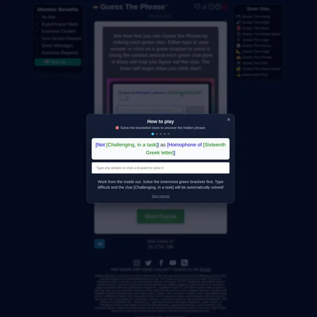 The Guess The Phrase page for Phrase #477 with a how to play panel showing an example nested clue, Not Challenging in a task as Homophone of Sixteenth Greek letter, an answer box, the note to solve th