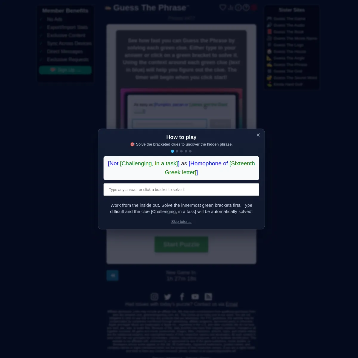 The Guess The Phrase page for Phrase #477 with a how to play panel showing an example nested clue, Not Challenging in a task as Homophone of Sixteenth Greek letter, an answer box, the note to solve th