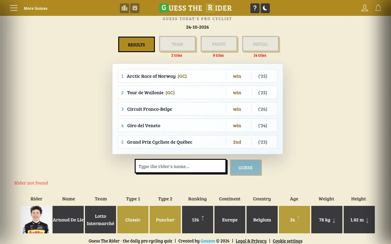 Guess The Rider's top 100 men daily for 24 October 2026: five best results, clue buttons, and a guess of Arnaud De Lie compared on team, type, ranking, country, age, weight and height