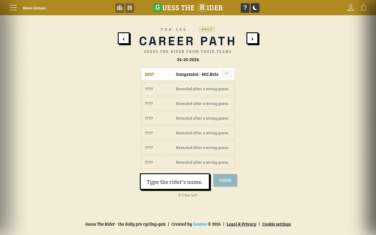 Guess The Rider's Career Path daily for 24 October 2026: the rider's first team in 2017 shown, later teams hidden until a wrong guess, six tries left