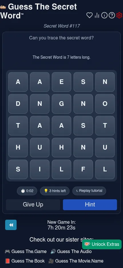 Guess The Secret Word #117 at phone size: the 5x5 grid, timer, hints and the countdown to the next game