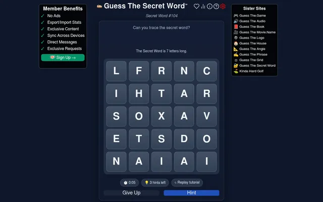 Guess The Secret Word #104: a 5 by 5 letter grid with The Secret Word is 7 letters long, a timer, 3 hints left, Give Up and Hint