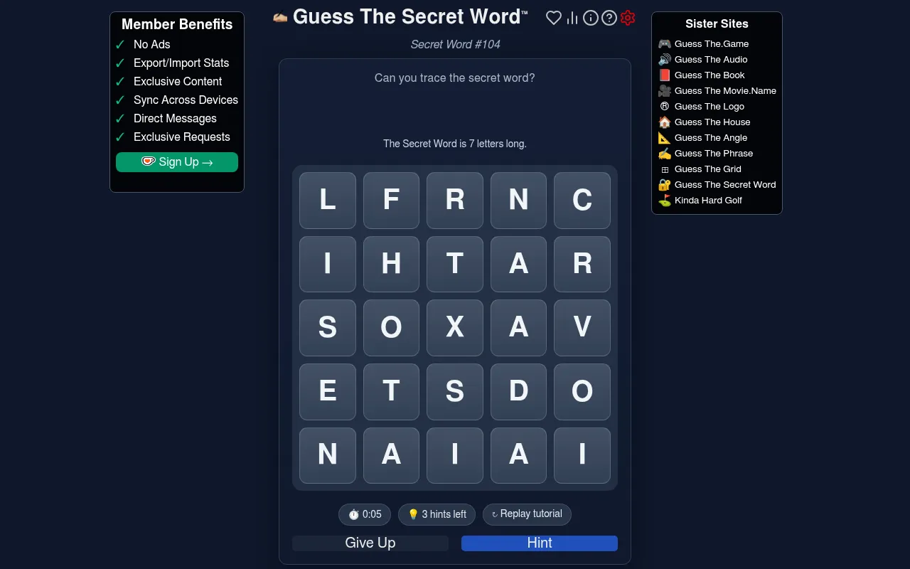 Guess The Secret Word #104: a 5 by 5 letter grid with The Secret Word is 7 letters long, a timer, 3 hints left, Give Up and Hint