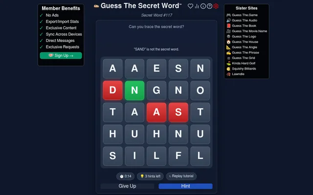 Guess The Secret Word #117 being played: the 5x5 letter grid after tracing SAND, with N marked green and S, A and D marked red