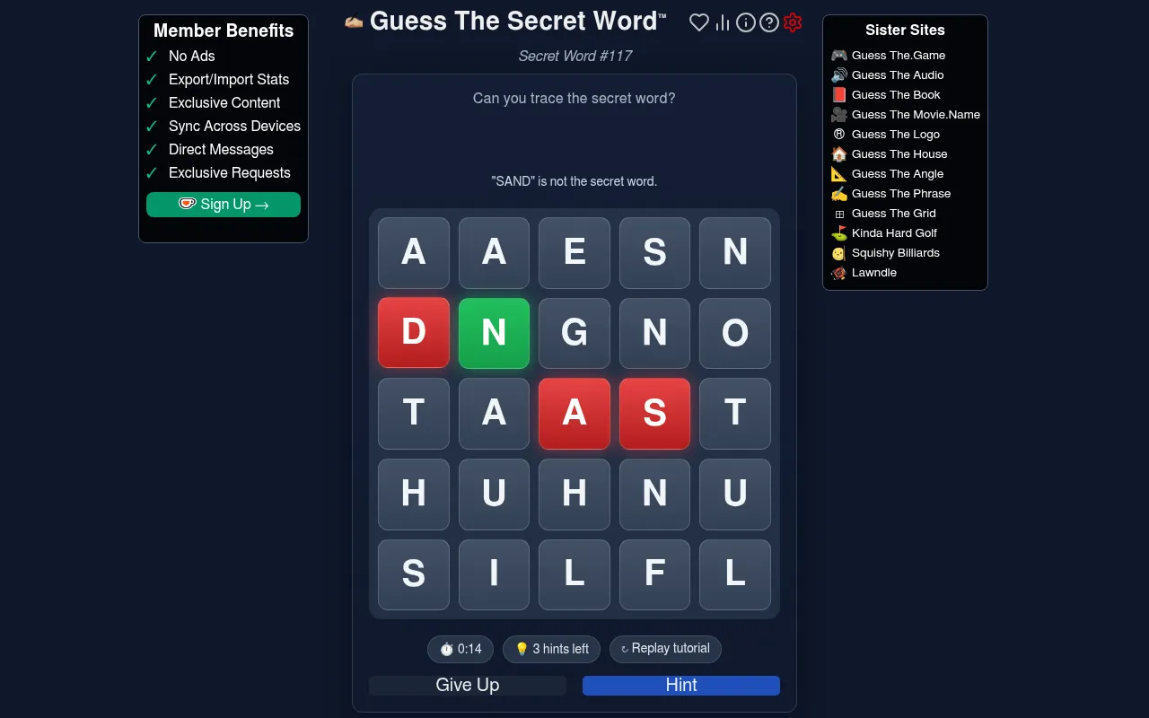 Guess The Secret Word #117 being played: the 5x5 letter grid after tracing SAND, with N marked green and S, A and D marked red