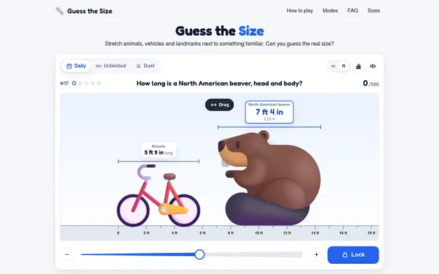 Guess the Size daily #17: a bicycle of 5 ft 9 in as the reference beside a North American beaver being stretched on a ruler, with the slider and Lock button