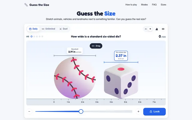 A Guess the Size daily round: a baseball of 2.91 inches as the reference beside a six-sided die being resized on a ruler, with the slider and Lock button below
