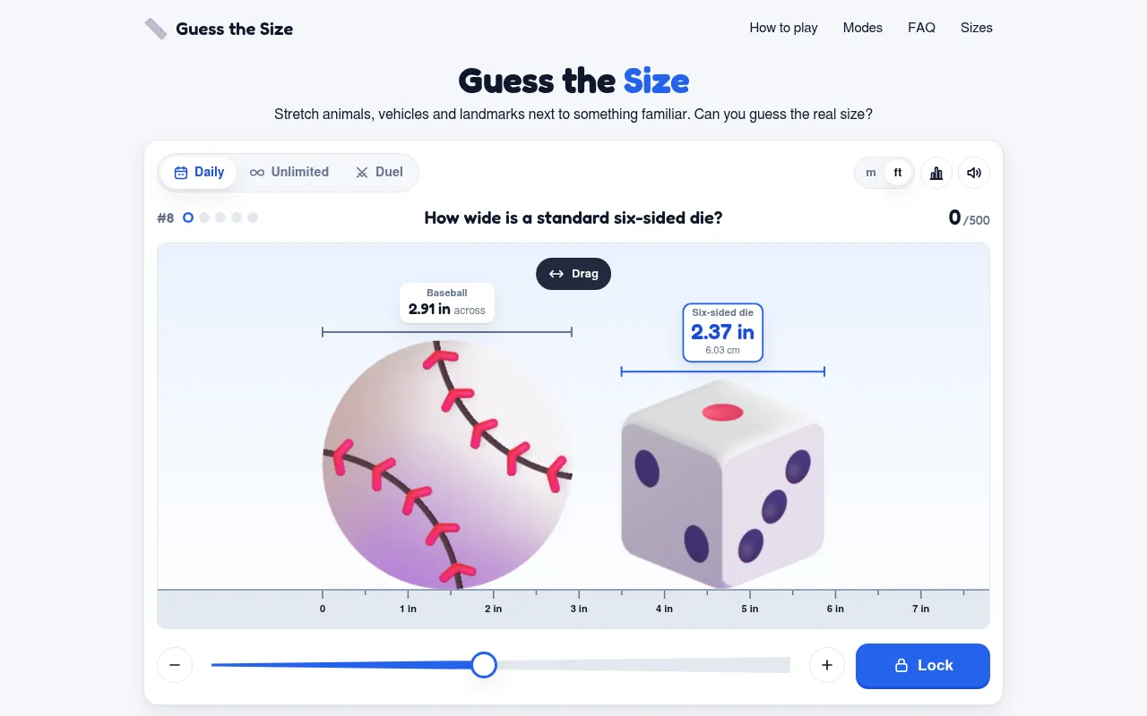 A Guess the Size daily round: a baseball of 2.91 inches as the reference beside a six-sided die being resized on a ruler, with the slider and Lock button below