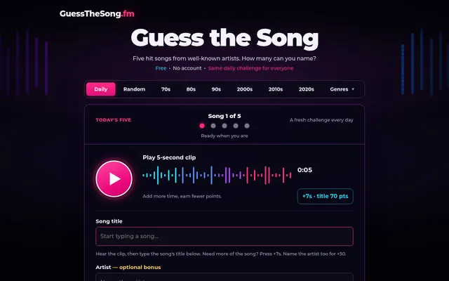 Guess the Song's daily board: Today's five, song 1 of 5, a play button for the five-second clip, a +7s button and the song title box