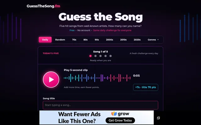 Guess the Song's daily round: song 1 of 5 with a play button for a five-second clip and a song title box