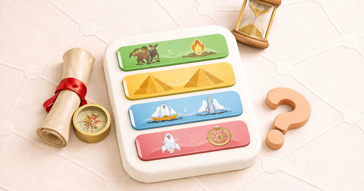 Guess The Timeline share art: four coloured event cards stacked in order, with an hourglass and a compass