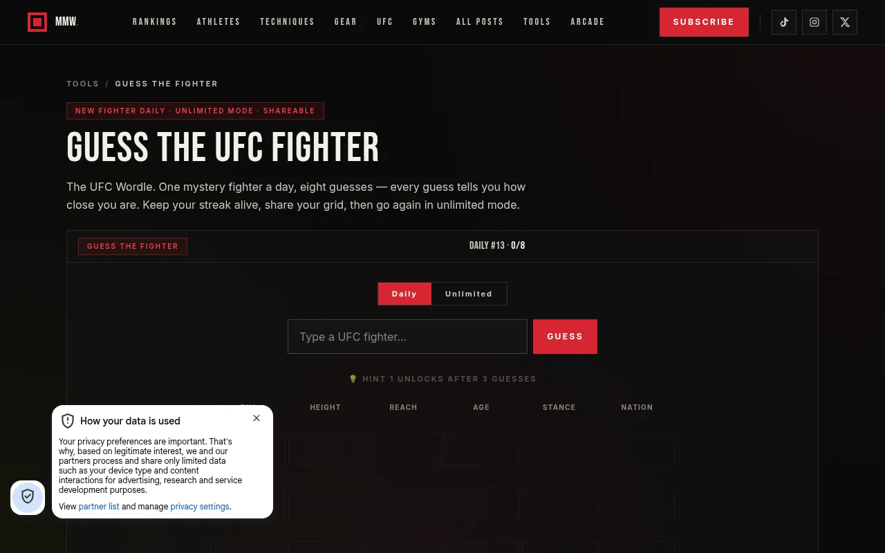 The Guess the UFC Fighter page: the title above the game panel showing Daily #13 0/8, the Daily and Unlimited buttons, the fighter name box with its Guess button and empty Div, Height, Reach, Age, Sta