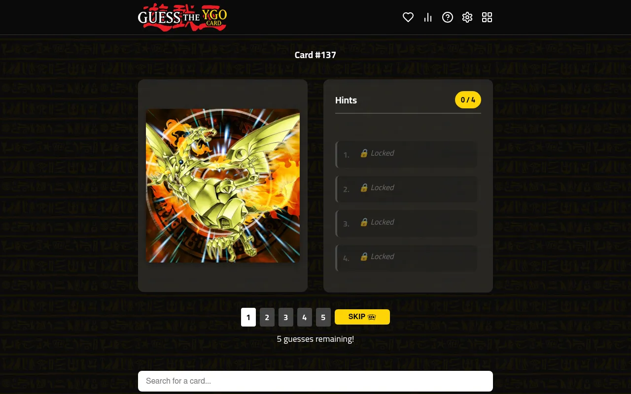 Guess the Yu-Gi-Oh Card #137: a golden winged dragon's artwork beside four locked hints, guess boxes 1 to 5, a Skip button and a card search box