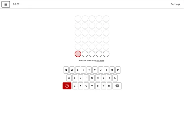 The Guess Word board for 6 October 2026: six empty rows of five circles above a red and white on-screen keyboard