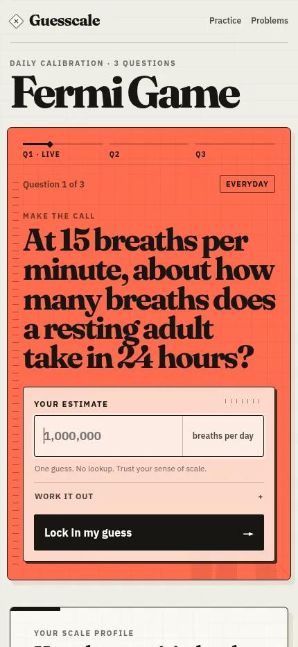 Guesscale's daily Fermi question on a phone: the breaths-per-day question with the estimate box below it
