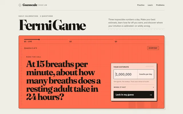 Guesscale's Fermi Game on 20 October 2026, question 1 of 3: how many breaths a resting adult takes in 24 hours, with the estimate box and Lock in my guess button
