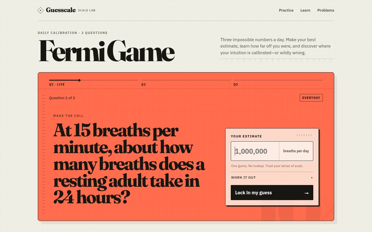 Guesscale's Fermi Game on 20 October 2026, question 1 of 3: how many breaths a resting adult takes in 24 hours, with the estimate box and Lock in my guess button