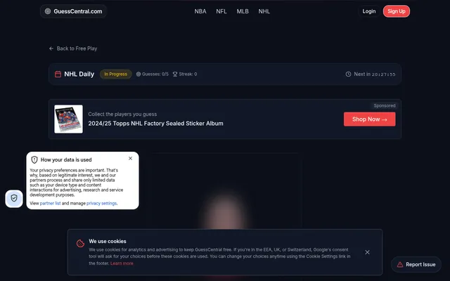 The GuessCentral NHL Daily page: the NHL Daily bar with Guesses 0/5, Streak 0 and a countdown to the next player, above the blurred photo of the mystery player