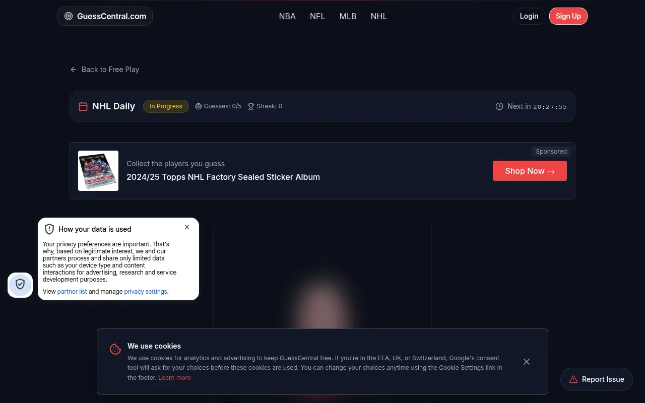 The GuessCentral NHL Daily page: the NHL Daily bar with Guesses 0/5, Streak 0 and a countdown to the next player, above the blurred photo of the mystery player