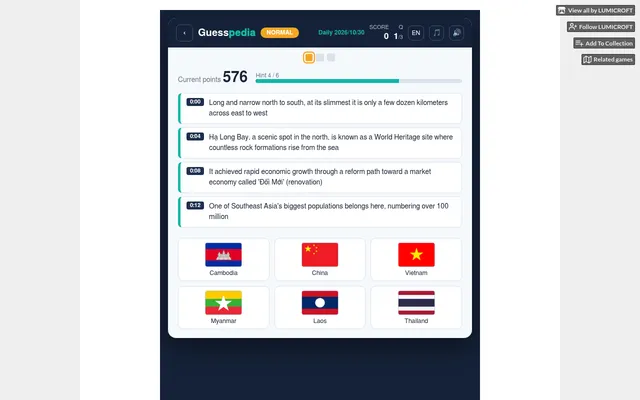 Guesspedia daily for 30 October 2026, question 1 of 3 (Normal): four timed clues about a Southeast Asian country above six flags, Vietnam, Cambodia, Laos, Thailand, Myanmar and China