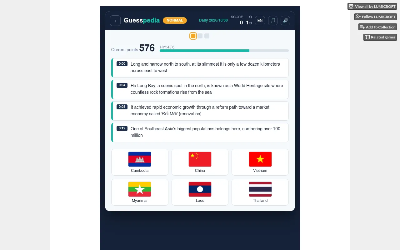 Guesspedia daily for 30 October 2026, question 1 of 3 (Normal): four timed clues about a Southeast Asian country above six flags, Vietnam, Cambodia, Laos, Thailand, Myanmar and China