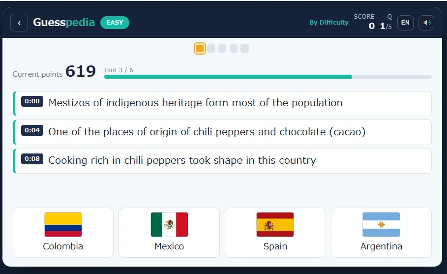 Guesspedia mid-question: three clues about chili peppers and cacao shown with timestamps above the flags of Colombia, Mexico, Spain and Argentina
