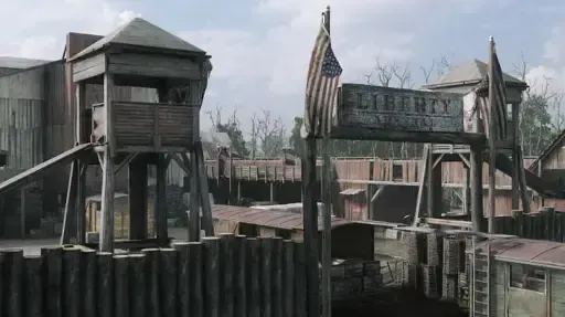 The first screenshot from GuessThe.Game puzzle 100, a wooden frontier fort under an American flag
