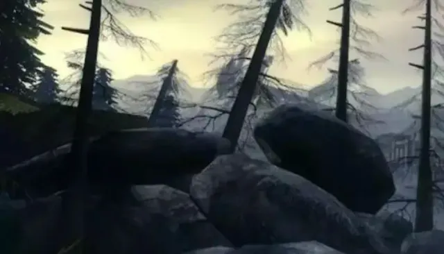The first screenshot from GuessThe.Game puzzle 1000, a misty forest with fallen trees and boulders