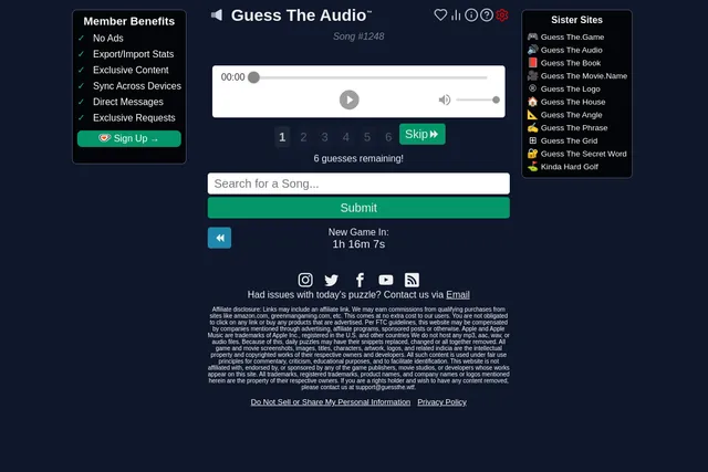 Guess The Audio song #1248: the audio clip player, six numbered guess slots with a Skip button, the song search box and the countdown to the next game