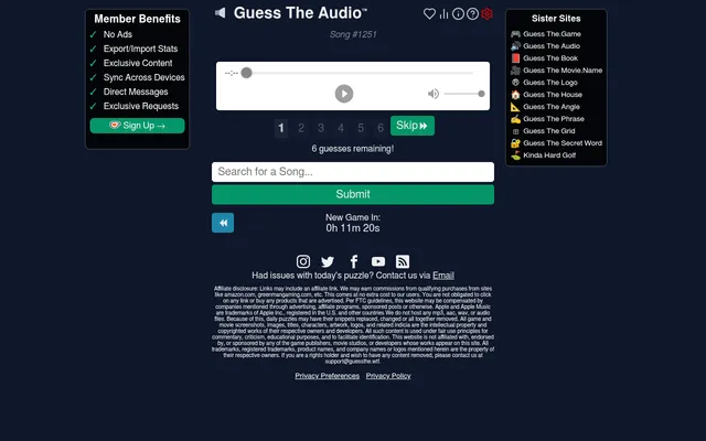 Guess The Audio song #1251: the audio clip player, six numbered guess slots with a Skip button, the song search box and the countdown to the next game