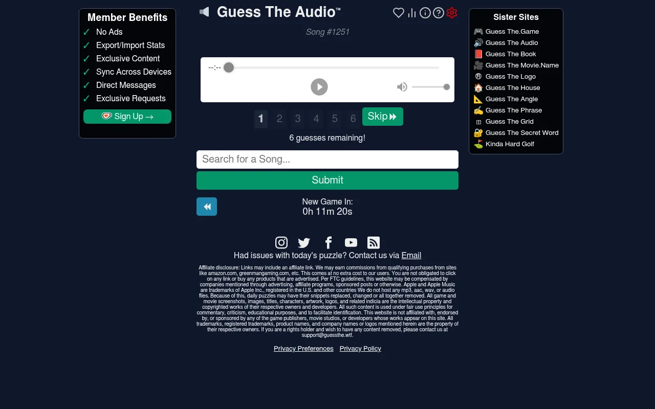 Guess The Audio song #1251: the audio clip player, six numbered guess slots with a Skip button, the song search box and the countdown to the next game