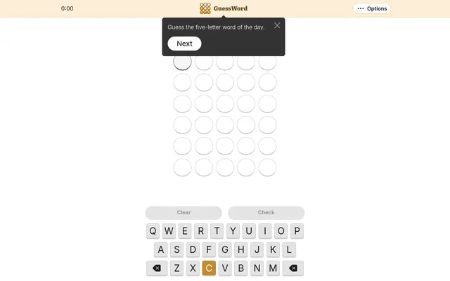 The GuessWord board for 3 October 2026: six empty rows of five round tiles, a tip saying guess the five-letter word of the day, a timer at 0:00, Clear and Check buttons and an on-screen keyboard